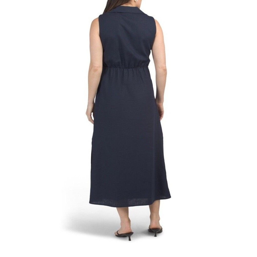 Magaschoni Small Blue Sleeveless Button-Front Linen Maxi Dress Minimalist Costal - Picture 3 of 14